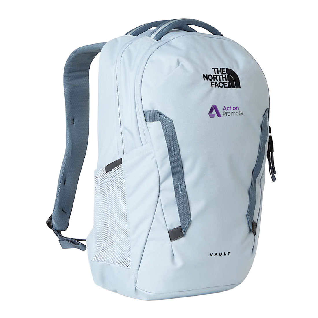 A white and grey The North Face brand backpack