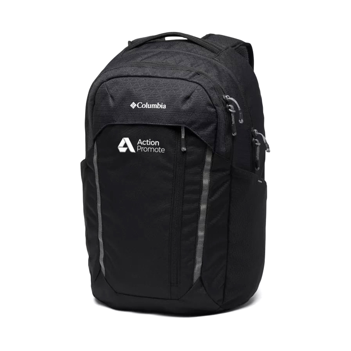 A black Columbia brand backpack with several pockets and reflective strips