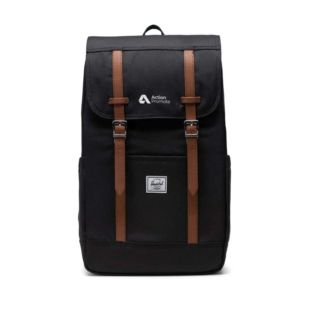 A black Herschel brand backpack with brown leather straps