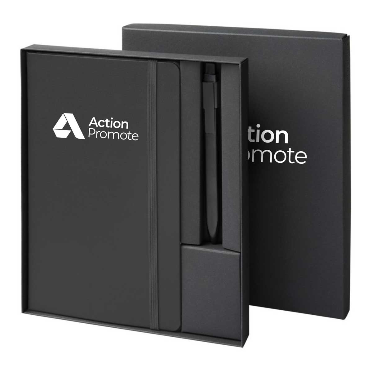 A black rounded edge Moleskine notebook and sleek black pen in a black gift set box.