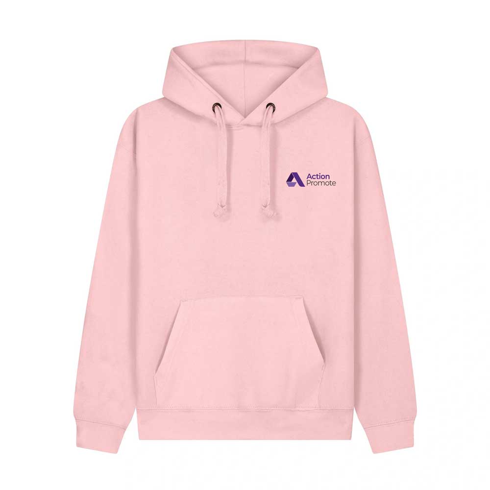 A baby pink hoodie with wide drawstrings
