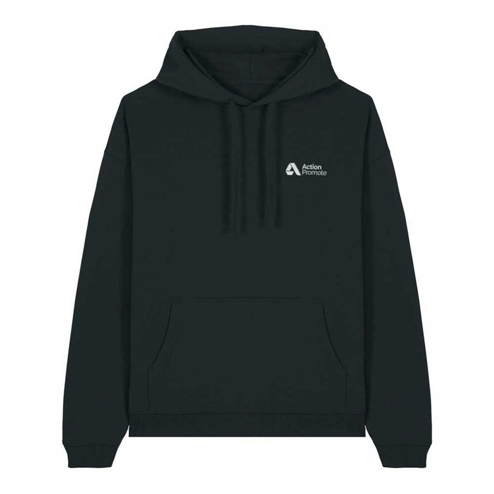 A black hoodie featuring anAction Promote logo embroidered in white.