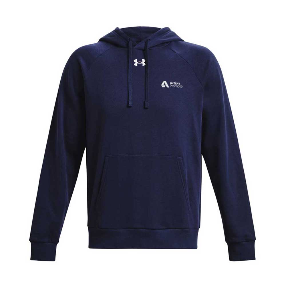 A navy blue hoodie featuring an Under Armour logo and and Action Promote logo, both in white.